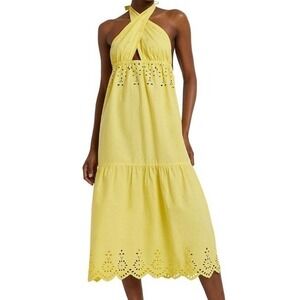 River Island Cutwork Halter Dress M Yellow Eyelet Cotton‎ Midi Boho Versatile